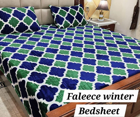3PCS FLEES BEDSHEET (blue green box)